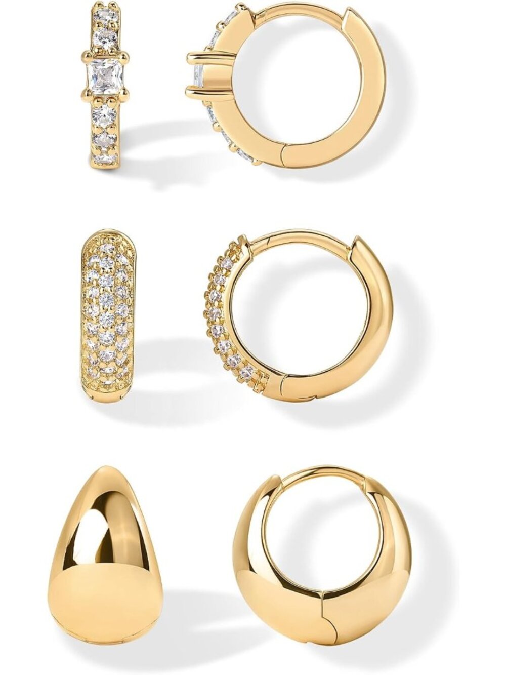 18K Gold Plated Huggie Hoop Earrings Set of 3 for Women, CZ Studded Jewelry